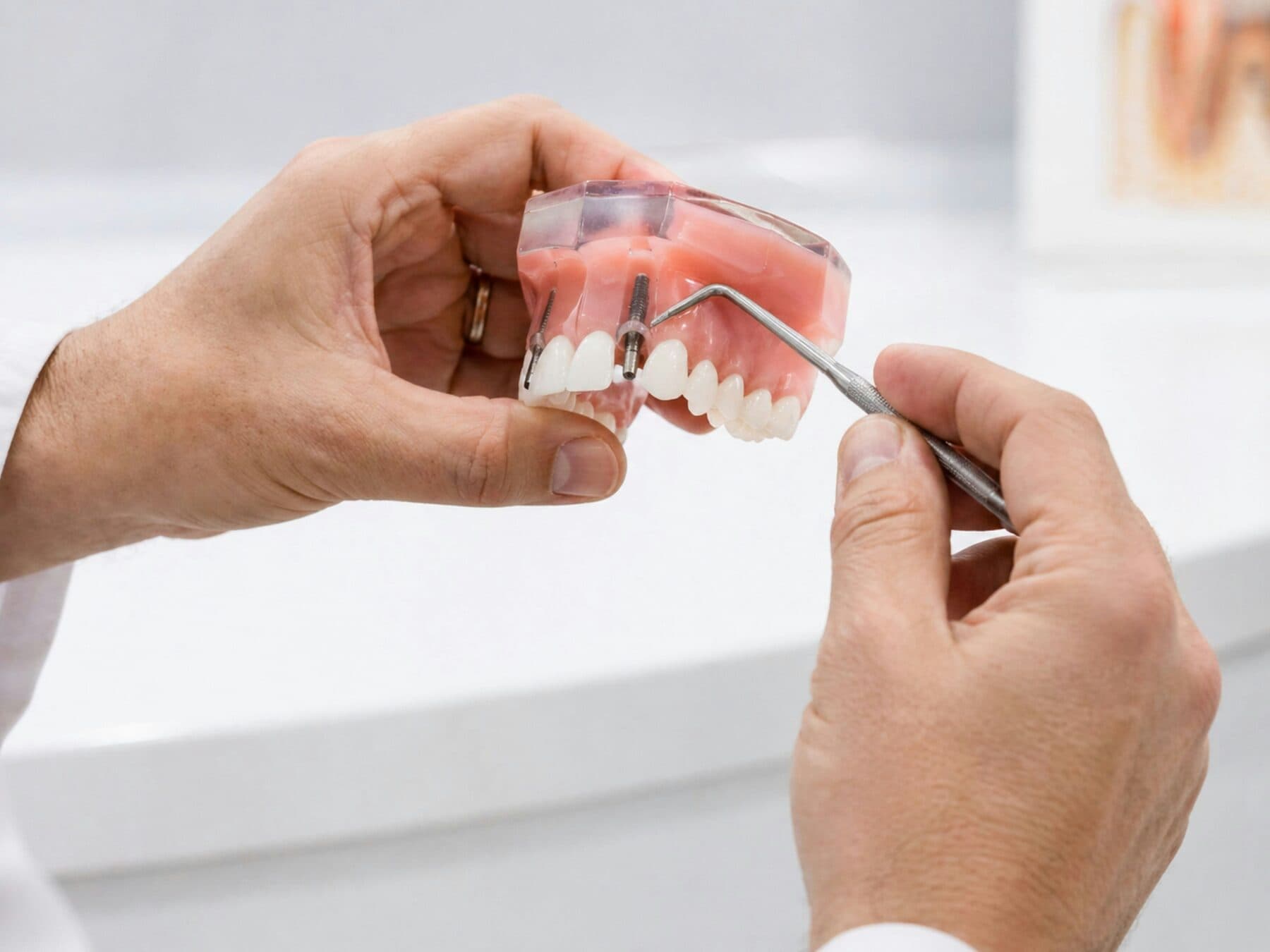 Dental instruments used to examine an implant model